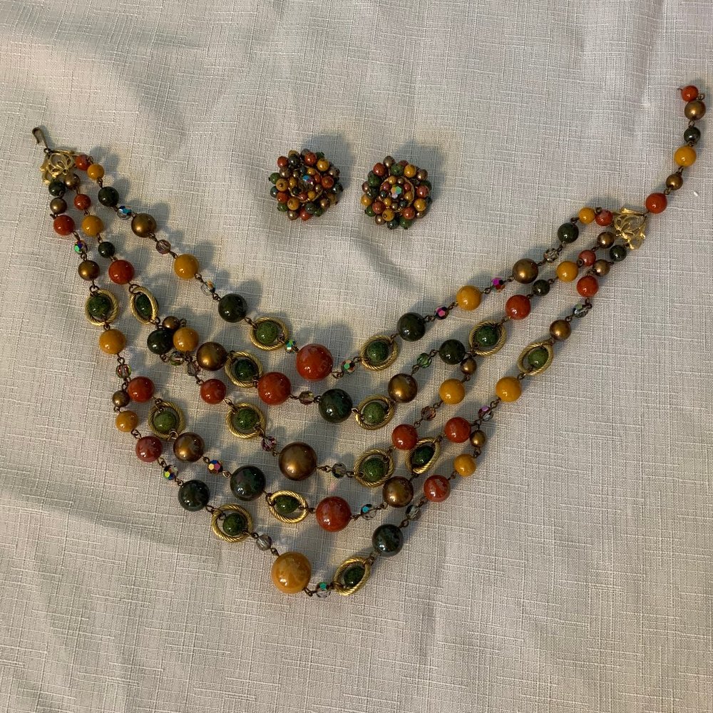 VTG unmarked Demi Parure Necklace Clip Earrings set  Autumn colors/goldtone